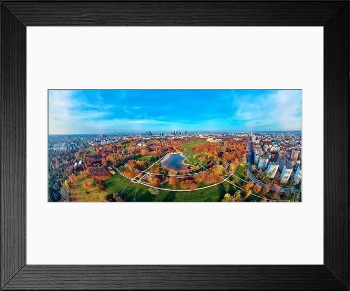 Framed Print : A beautiful panoramic view of the sunset in a fabulous November autumn evening at sunset from drone at Pola Mokotowskie