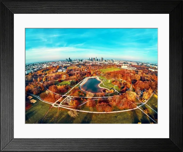 Framed Print : A beautiful panoramic view of the sunset in a fabulous November autumn evening at sunset from drone at Pola Mokotowskie Framed Print : A beautiful panoramic view of the sunset in a fabulous November autumn evening at sunset from drone at Pola Mokotowskie