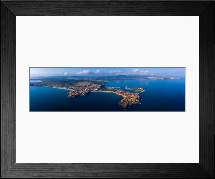 Framed Print : Aerial view of the old town of Sozopol, the Black Sea and mountains, Bulgaria.. Drone panoramic shot Framed Print : Aerial view of the old town of Sozopol, the Black Sea and mountains, Bulgaria.. Drone panoramic shot