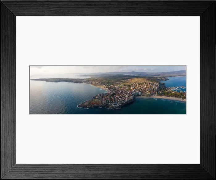 Framed Print : Aerial view of the old town of Sozopol, the Black Sea and mountains, Bulgaria.. Drone panoramic shot Framed Print : Aerial view of the old town of Sozopol, the Black Sea and mountains, Bulgaria.. Drone panoramic shot