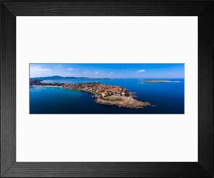 Framed Print : Aerial view of the old town of Sozopol, the Black Sea and mountains, Bulgaria.. Drone panoramic shot Framed Print : Aerial view of the old town of Sozopol, the Black Sea and mountains, Bulgaria.. Drone panoramic shot