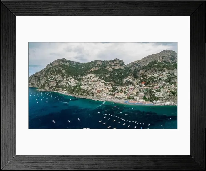 Framed Print : Aerial drone panoramic view of Positano village beach in Amalfi coast