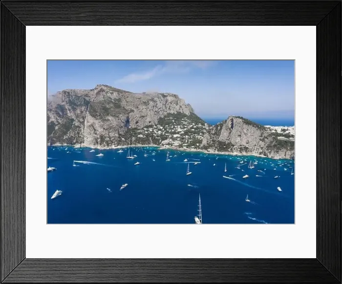 Framed Print : Aerial drone shot view of southern coastline of Capri Islan in Tyrrhenian sea with yachts