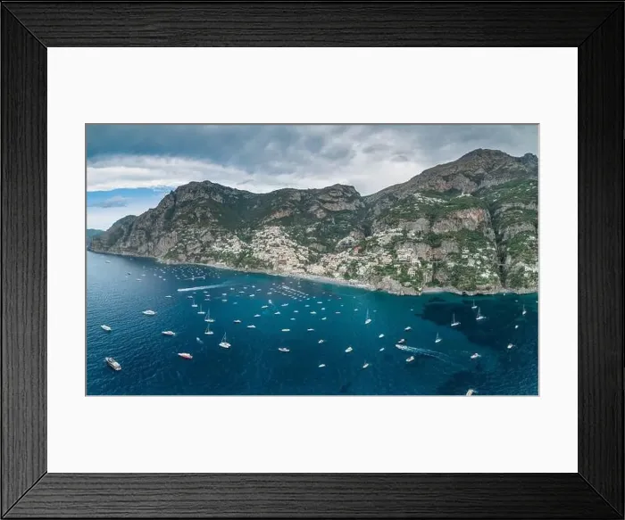 Framed Print : Aerial drone panoramic view of Positano village beach in Amalfi coast Framed Print : Aerial drone panoramic view of Positano village beach in Amalfi coast