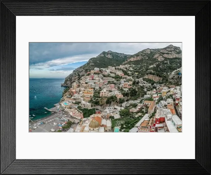 Framed Print : Aerial drone panoramic view of Positano village beach in Amalfi coast Framed Print : Aerial drone panoramic view of Positano village beach in Amalfi coast