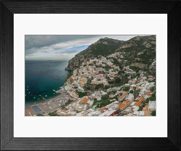 Framed Print : Aerial drone panoramic view of Positano village beach in Amalfi coast