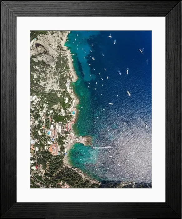 Framed Print : Aerial overhead drone shot of southern Capri Island coastline with yachts in summer noon Framed Print : Aerial overhead drone shot of southern Capri Island coastline with yachts in summer noon