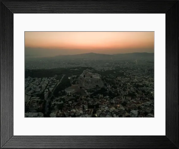 Framed Print : Aerial drone shot of Acropolis of Athens and its surroundings during sunset before evening Framed Print : Aerial drone shot of Acropolis of Athens and its surroundings during sunset before evening