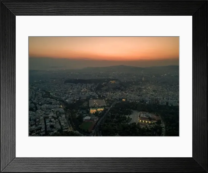 Framed Print : Aerial drone shot of Acropolis of Athens and its surroundings during sunset before evening Framed Print : Aerial drone shot of Acropolis of Athens and its surroundings during sunset before evening