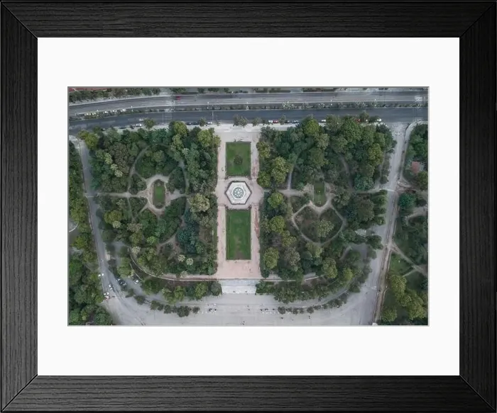 Framed Print : Aerial overhead drone shot of fountain in national garden in front of Zappeion Hall convention center in Athens