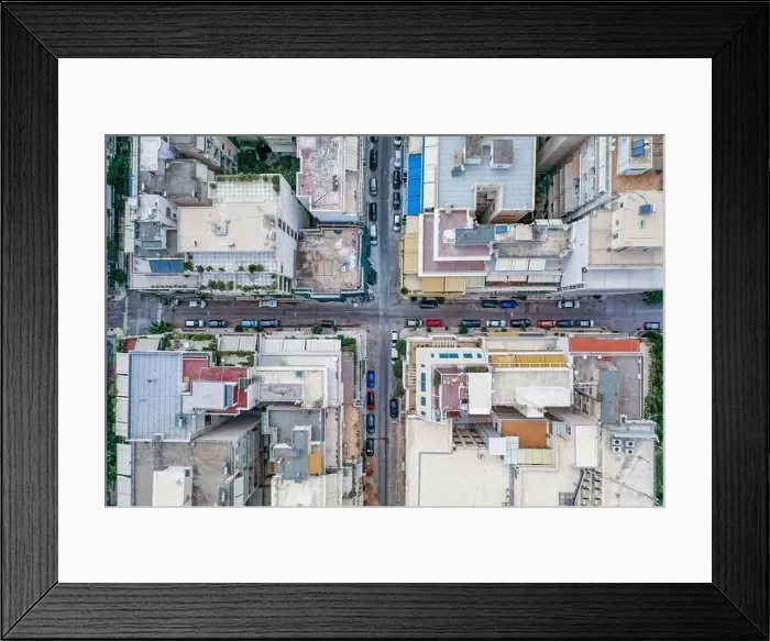Framed Print : Overhead aerial drone shot of Athens street parked with cars near Lycabettus Hill in sunny summer Framed Print : Overhead aerial drone shot of Athens street parked with cars near Lycabettus Hill in sunny summer