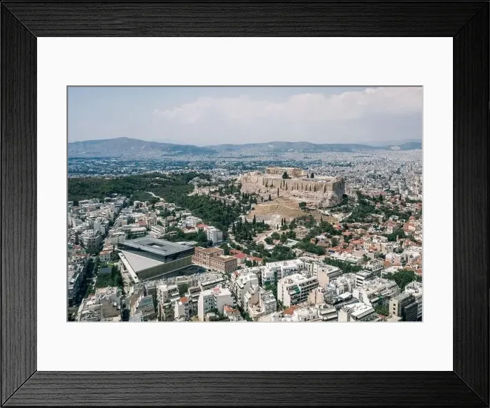 Framed Print : Aerial drone shot view of Partheon in Acropolis and museum in Athens city Framed Print : Aerial drone shot view of Partheon in Acropolis and museum in Athens city