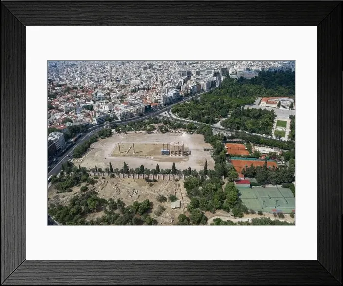 Framed Print : Aerial drone shot of temple ruins at Archaeological Site of Olympieion and zappeion hall in Athens Framed Print : Aerial drone shot of temple ruins at Archaeological Site of Olympieion and zappeion hall in Athens
