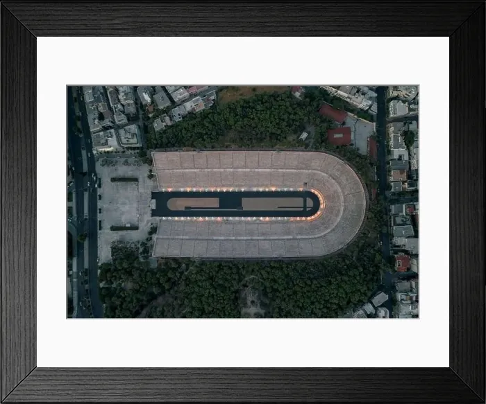 Framed Print : Overhead aerial drone shot of Panathenaic marble stadium with lights in dusk Pangrati, Athens Framed Print : Overhead aerial drone shot of Panathenaic marble stadium with lights in dusk Pangrati, Athens