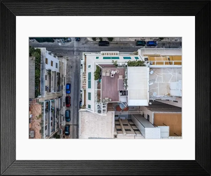 Framed Print : Overhead aerial drone shot of roof patio in west Athens in sunny summer Framed Print : Overhead aerial drone shot of roof patio in west Athens in sunny summer