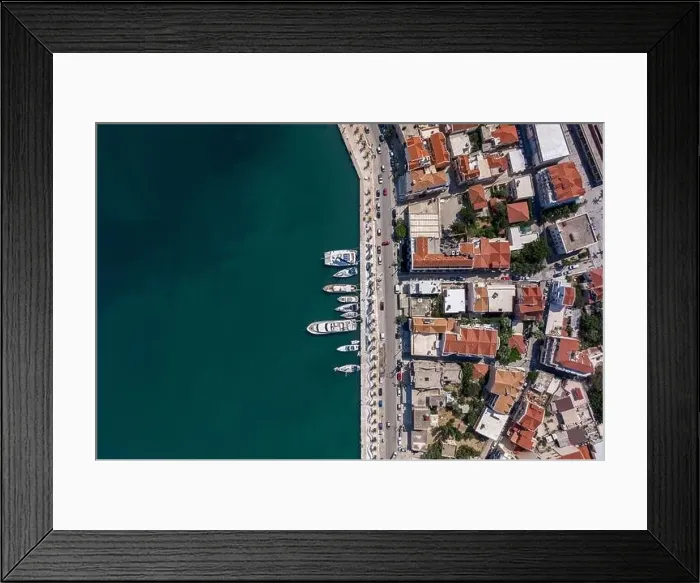 Framed Print : Overhead aerial drone shot of Argostolion bund street in summer afternoon in Kefalonia island