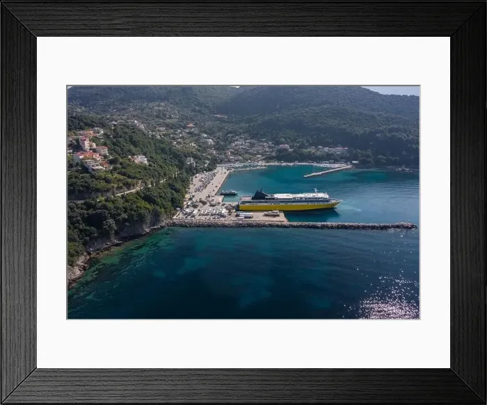 Framed Print : aerial drone shot of big cruise ship haled in Poros port of Kefalonia island in Greece Framed Print : aerial drone shot of big cruise ship haled in Poros port of Kefalonia island in Greece
