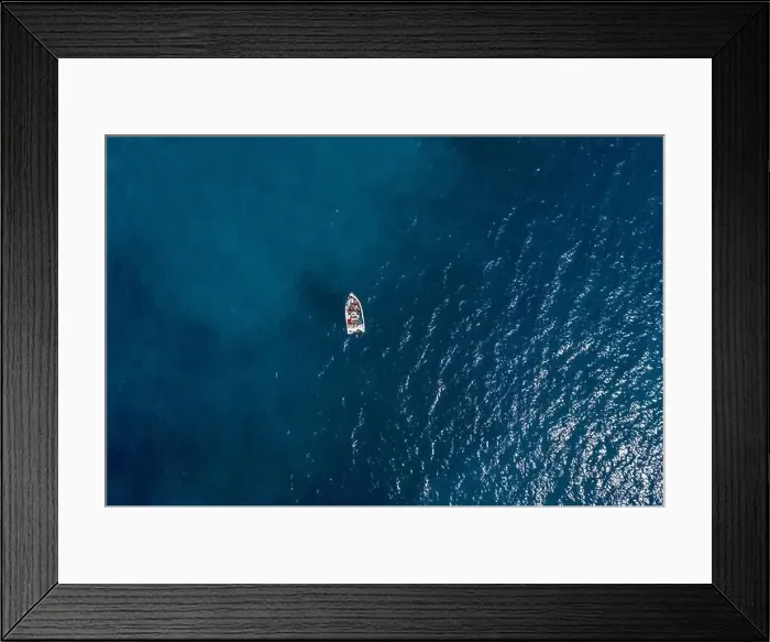 Framed Print : Aerial drone shot view of a boat in Ionian sea near Zakynthos Island