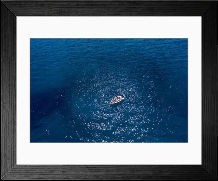 Framed Print : Aerial drone shot view of a boat in Ionian sea near Zakynthos Island