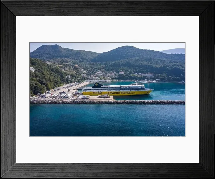 Framed Print : Kefalonia, Greece - August 22, 2019: Aerial drone shot of large cruise ship halted in Port of Kefalonia in Poros Framed Print : Kefalonia, Greece - August 22, 2019: Aerial drone shot of large cruise ship halted in Port of Kefalonia in Poros