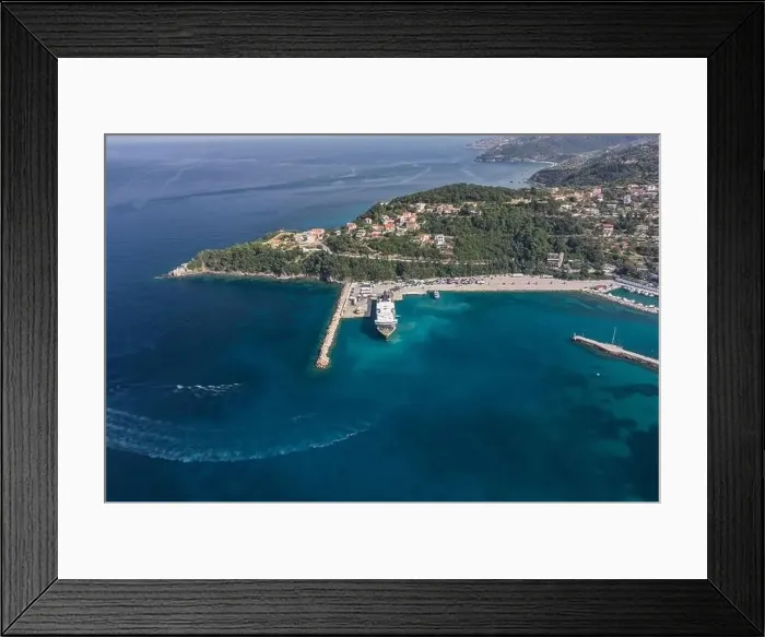 Framed Print : Aerial drone shot of cars embarking on big cruise ship at Poros town harbour of Kefalonia Island Framed Print : Aerial drone shot of cars embarking on big cruise ship at Poros town harbour of Kefalonia Island
