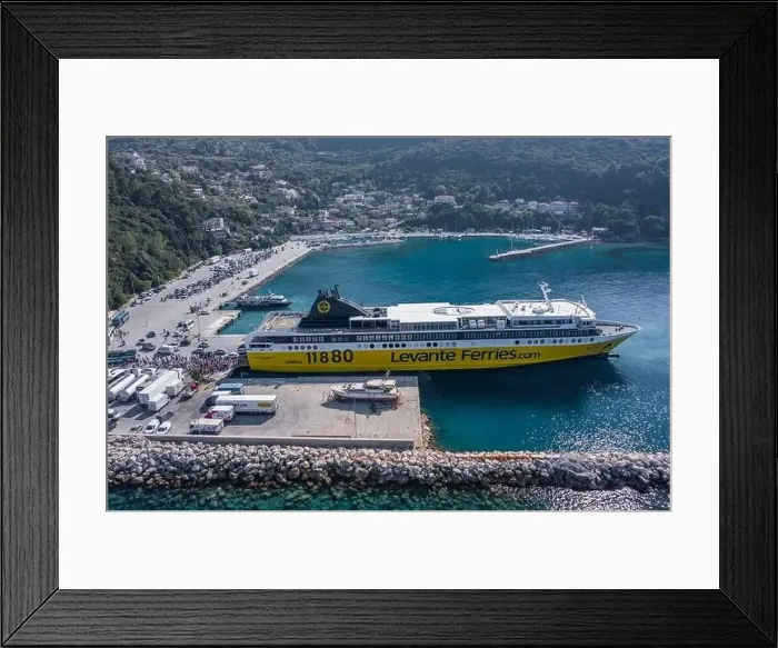 Framed Print : Kefalonia, Greece - August 22, 2019: Aerial drone shot of large cruise ship halted in Port of Kefalonia in Poros Framed Print : Kefalonia, Greece - August 22, 2019: Aerial drone shot of large cruise ship halted in Port of Kefalonia in Poros
