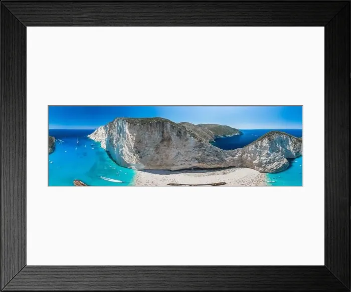 Framed Print : Aerial panorama drone shot of Zakynthos north end with Navagio beach and yachts in Ionian sea Framed Print : Aerial panorama drone shot of Zakynthos north end with Navagio beach and yachts in Ionian sea
