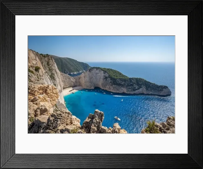 Framed Print : Zakynthos Shipwreck Navagio beach cove with luxury yachts view from cliff observation view point Framed Print : Zakynthos Shipwreck Navagio beach cove with luxury yachts view from cliff observation view point
