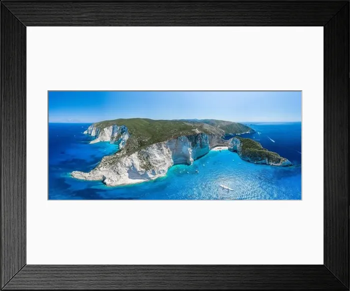 Framed Print : Aerial panorama drone shot of Zakynthos north end with Navagio beach and yachts in Ionian sea