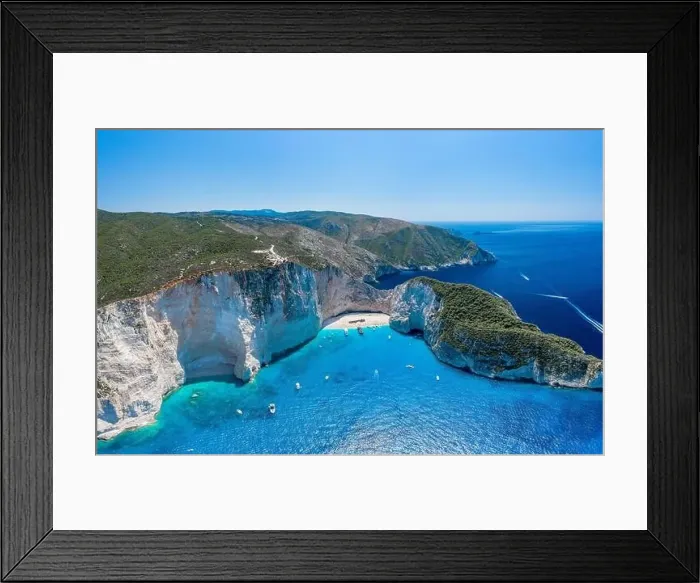 Framed Print : Aerial panorama drone shot of Zakynthos north end with Navagio beach and yachts in Ionian sea Framed Print : Aerial panorama drone shot of Zakynthos north end with Navagio beach and yachts in Ionian sea