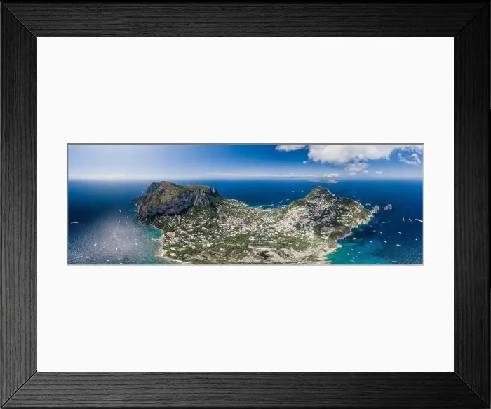 Framed Print : Aerial drone panoramic view of south Capri Island with faraglioni in Tyrrhenian sea Framed Print : Aerial drone panoramic view of south Capri Island with faraglioni in Tyrrhenian sea