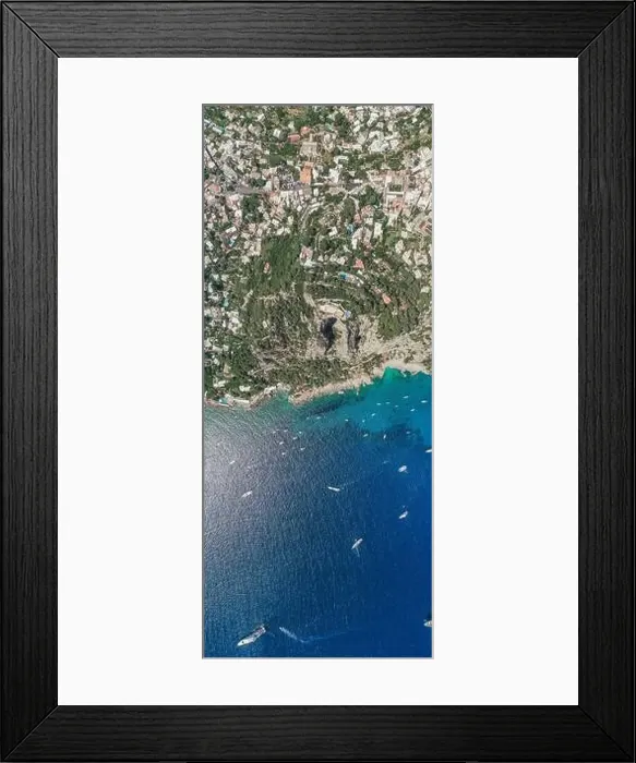 Framed Print : Panoramic view of south Capri Island crag coastline with big mountain hole and villa pool Framed Print : Panoramic view of south Capri Island crag coastline with big mountain hole and villa pool