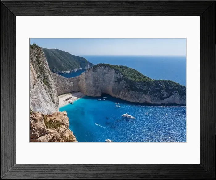Framed Print : Zakynthos Shipwreck Navagio beach cove with luxury yachts view from cliff observation view point Framed Print : Zakynthos Shipwreck Navagio beach cove with luxury yachts view from cliff observation view point