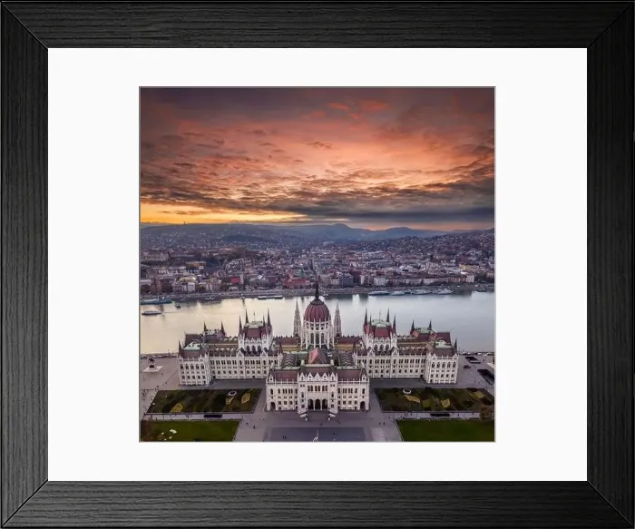 Framed Print : Budapest, Hungary - Aerial drone view of the beautiful Parliament of Hungary with a dramatic colorful sunset