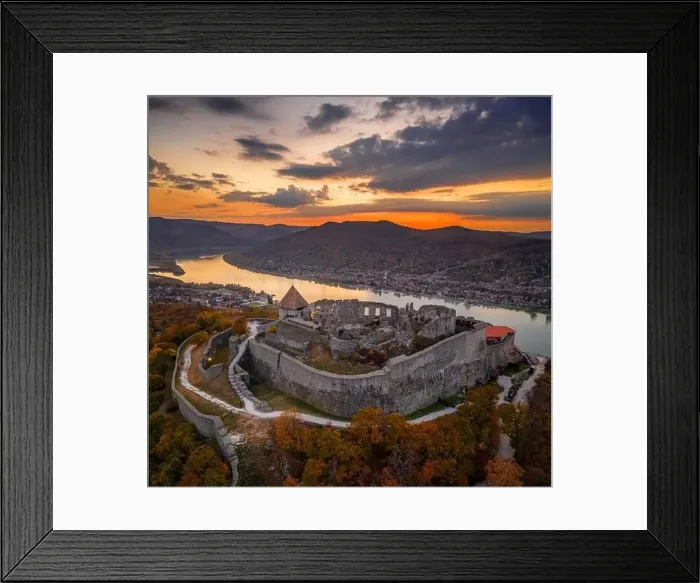 Framed Print : Visegrad, Hungary - Aerial panoramic drone view of the beautiful high castle of Visegrad with autumn foliage and trees Framed Print : Visegrad, Hungary - Aerial panoramic drone view of the beautiful high castle of Visegrad with autumn foliage and trees