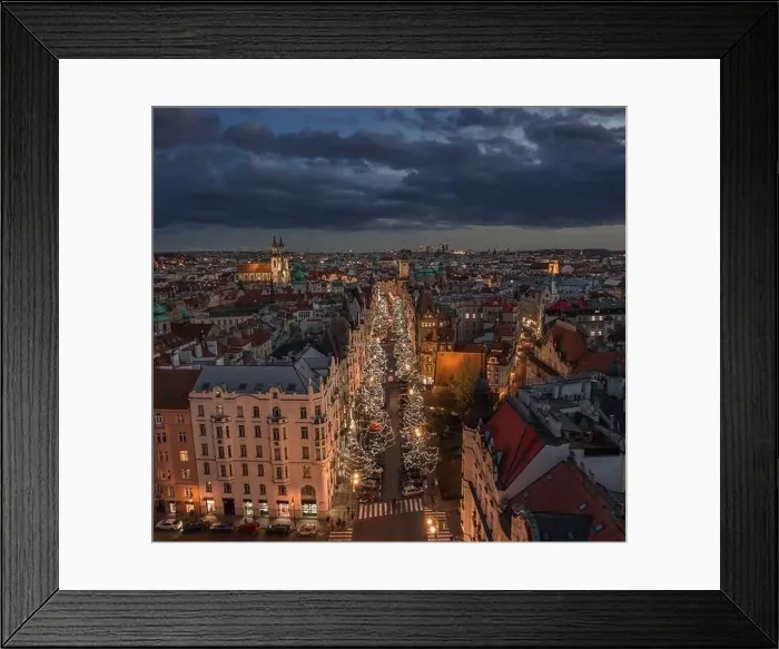 Framed Print : Prague, Czech Republic - Aerial drone view of Christmas decorated street in Prague at dusk Framed Print : Prague, Czech Republic - Aerial drone view of Christmas decorated street in Prague at dusk
