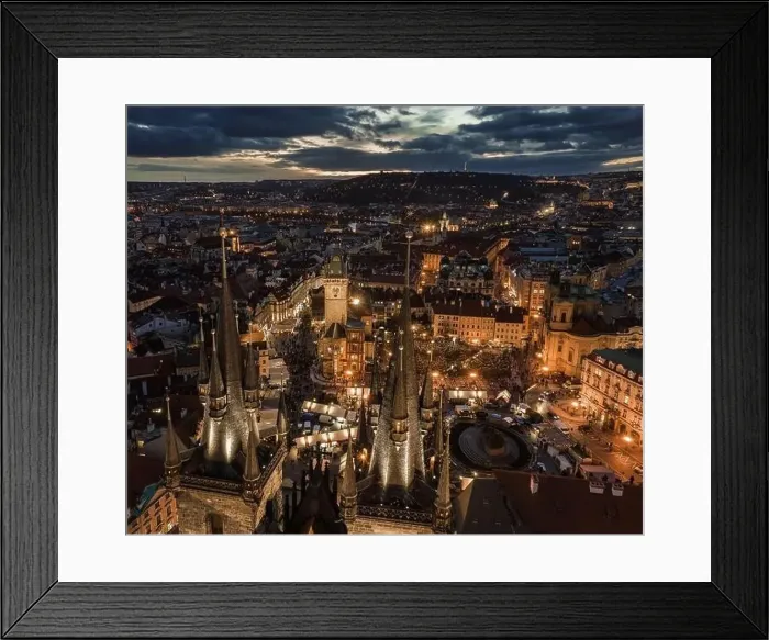 Framed Print : Prague, Czech Republic - Aerial drone view of the famous illuminated Church of our Lady Before Tyn towers at blue hour