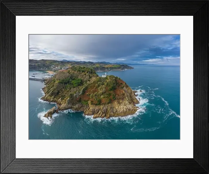 Framed Print : Getaria lighthouse in Gipuzkoa, Basque country - drone aerial view Framed Print : Getaria lighthouse in Gipuzkoa, Basque country - drone aerial view