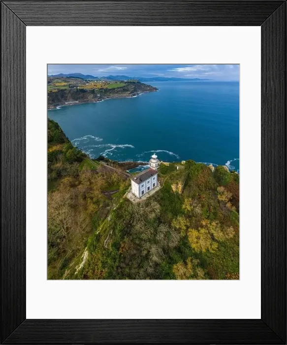 Framed Print : Getaria lighthouse in Gipuzkoa, Basque country - drone aerial view Framed Print : Getaria lighthouse in Gipuzkoa, Basque country - drone aerial view