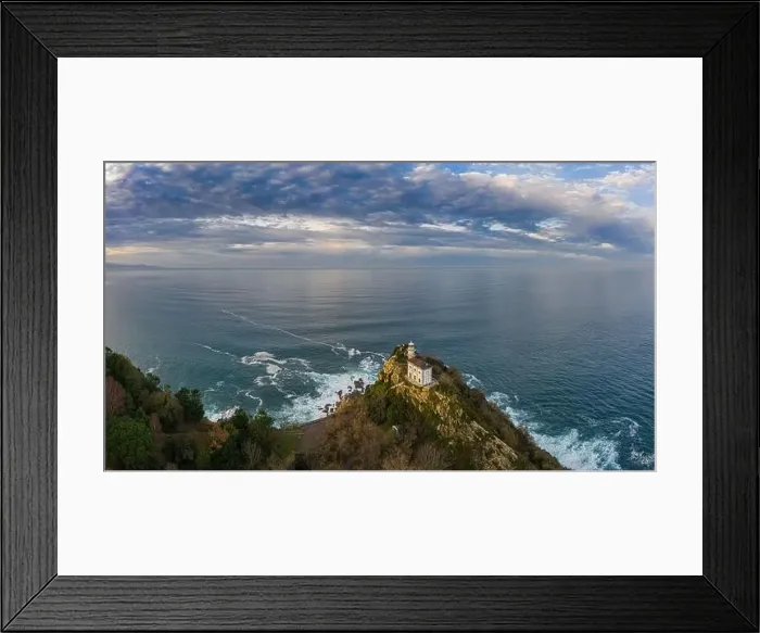 Framed Print : Getaria lighthouse at dusk, Basque country - drone aerial view 16:9 Framed Print : Getaria lighthouse at dusk, Basque country - drone aerial view 16:9