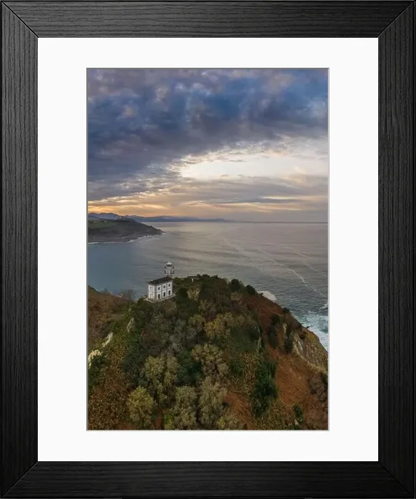 Framed Print : Getaria lighthouse at dusk, Basque country - drone aerial view Framed Print : Getaria lighthouse at dusk, Basque country - drone aerial view