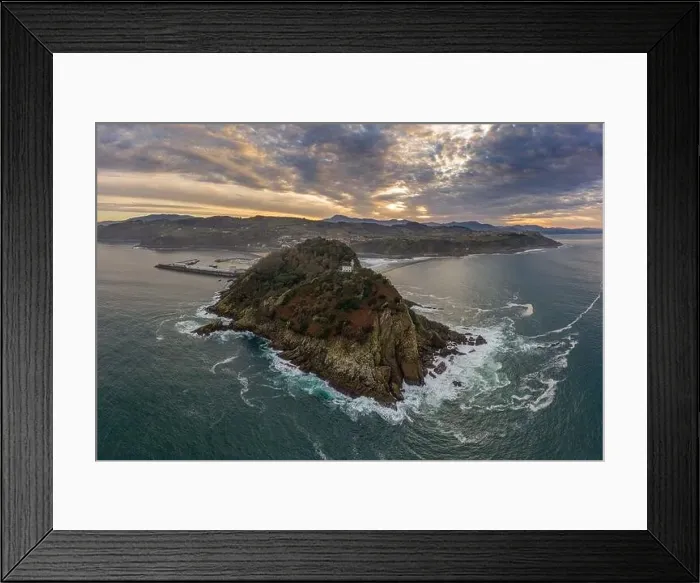 Framed Print : Getaria lighthouse at dusk, Basque country - drone aerial view Framed Print : Getaria lighthouse at dusk, Basque country - drone aerial view