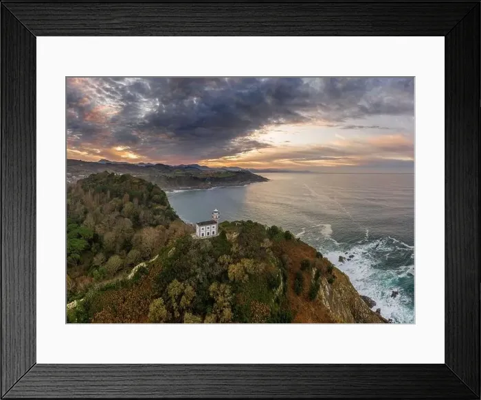 Framed Print : Getaria lighthouse at dusk, Basque country - drone aerial view Framed Print : Getaria lighthouse at dusk, Basque country - drone aerial view