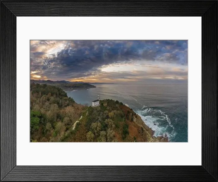 Framed Print : Getaria lighthouse at dusk, Basque country - drone aerial view Framed Print : Getaria lighthouse at dusk, Basque country - drone aerial view