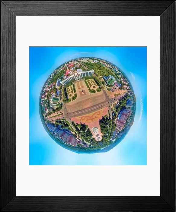 Framed Print : Beautiful futuristic panoramic (360 spherical panorama little planet) aerial drone view to city of Ust-Kamenogorsk (KZ) Framed Print : Beautiful futuristic panoramic (360 spherical panorama little planet) aerial drone view to city of Ust-Kamenogorsk (KZ)