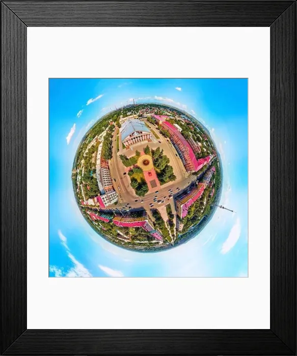 Framed Print : Beautiful futuristic panoramic (360 spherical panorama little planet) aerial drone view to city of Ust-Kamenogorsk (KZ) Framed Print : Beautiful futuristic panoramic (360 spherical panorama little planet) aerial drone view to city of Ust-Kamenogorsk (KZ)