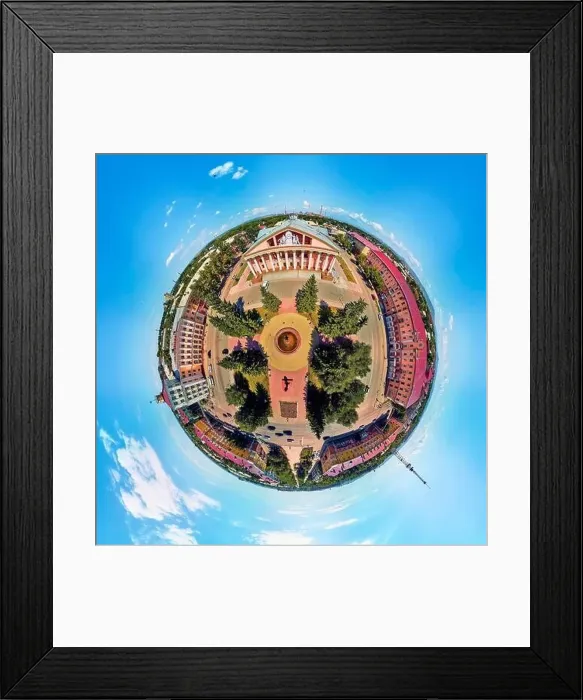 Framed Print : Beautiful futuristic panoramic (360 spherical panorama little planet) aerial drone view to city of Ust-Kamenogorsk (KZ) Framed Print : Beautiful futuristic panoramic (360 spherical panorama little planet) aerial drone view to city of Ust-Kamenogorsk (KZ)