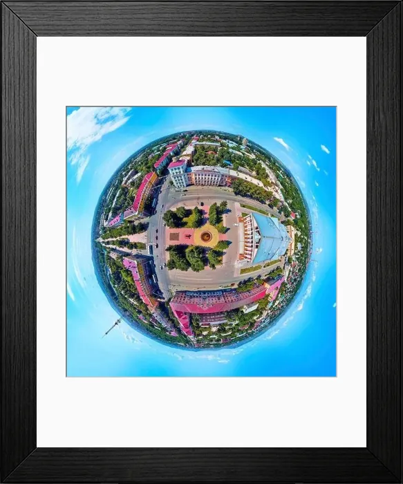 Framed Print : Beautiful futuristic panoramic (360 spherical panorama little planet) aerial drone view to city of Ust-Kamenogorsk (KZ) Framed Print : Beautiful futuristic panoramic (360 spherical panorama little planet) aerial drone view to city of Ust-Kamenogorsk (KZ)