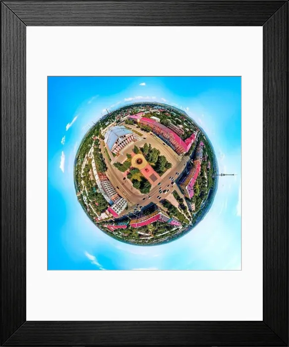 Framed Print : Beautiful futuristic panoramic (360 spherical panorama little planet) aerial drone view to city of Ust-Kamenogorsk (KZ) Framed Print : Beautiful futuristic panoramic (360 spherical panorama little planet) aerial drone view to city of Ust-Kamenogorsk (KZ)