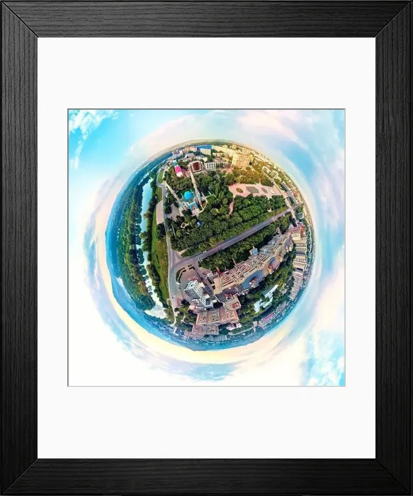 Framed Print : Beautiful futuristic panoramic (360 spherical panorama little planet) aerial drone view to city of Ust-Kamenogorsk (KZ) Framed Print : Beautiful futuristic panoramic (360 spherical panorama little planet) aerial drone view to city of Ust-Kamenogorsk (KZ)